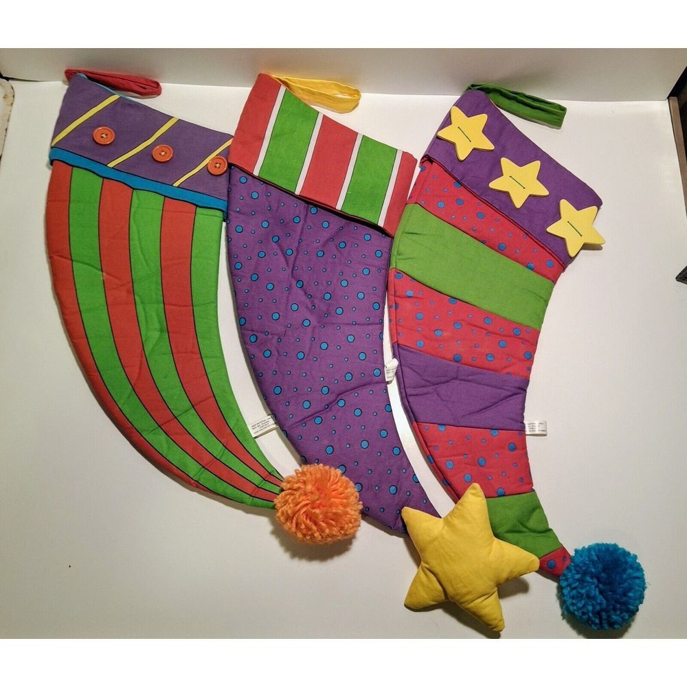 3 Colorful Quilted Christmas Stockings Pointy ElfStyle New No Tags